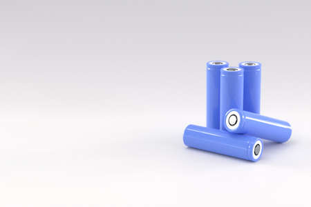 5 blue cylindrical batteries on a light gray background. Storage battery or secondary cell....