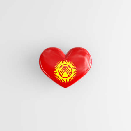 Heart-shaped badge with the flag of Kyrgyzstan as a symbol of patriotism and pride in their country. State symbol of the Kyrgyz Republic on a glossy badge. 3D renderingの写真素材