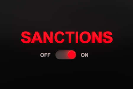 Sanctions switch on the black panel. Activated ON-OFF switch and luminous word SANCTIONS. Modern...