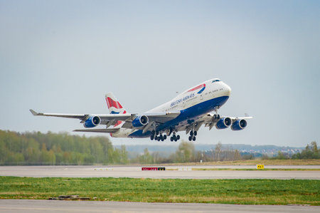 British Airways Jumbo Jet Boeing-747 landing at Domodedovo Airport - DME. International passenger commercial transportation. Domodedovo, Russia - April 28, 2014のeditorial素材
