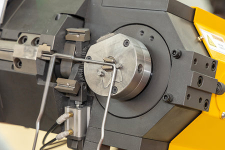 CNC bending machine bends steel wire. Formation of a bent part. Wire bending machine