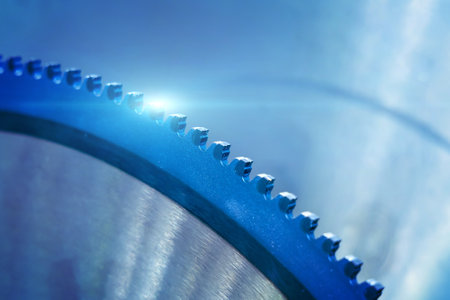Circular saw teeth close-up. Tool for woodworking. Steel disc sawmill. Selective focusの写真素材
