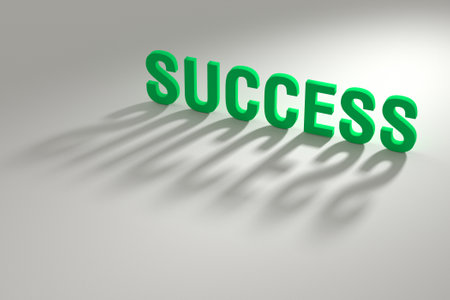 Lettering of the word SUCCESS. The concept of success, luck or goal achievement. The green inscription SUCCESS casts a shadow on a light surface. 3D renderingの写真素材