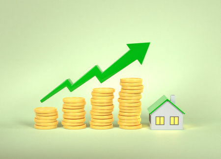 The concept of increasing the value of homeownership - green up arrow, yellow coins and a house. Positive trends in the real estate market. Rising real estate price chart. 3D renderingの写真素材