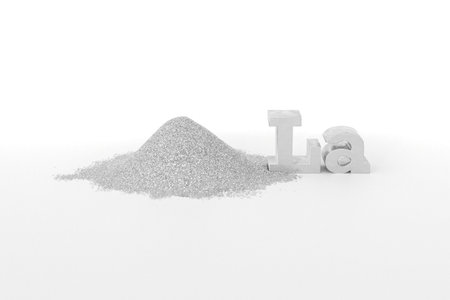 REE - rare-earth element Lanthanum. A handful of silvery-white metallic powder and the chemical symbol La on a white background. Lanthanum is rare earth metalの写真素材