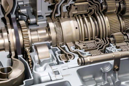 Cross section of a car gearbox. Educational exhibit. Gears, disks and teethの写真素材