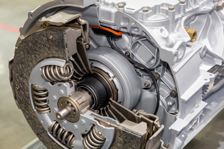Sectional view of a car clutch mounted on a gearbox. Automotive gearbox with clutchの写真素材