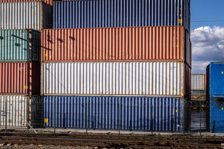 Colored stacked 40ft unmarked freight containers at a railway container terminal. Close-up. International cargo logisticsの写真素材