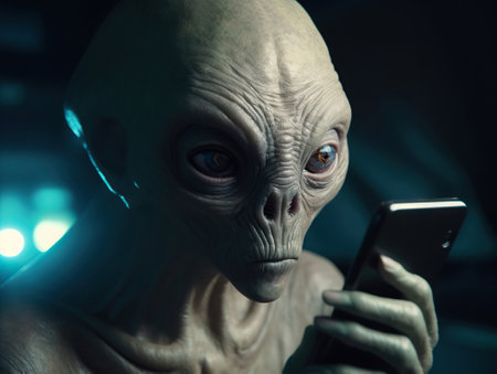 Close-up Image of a Traditional-Looking Grayish-Green Alien with a Large Hairless Head Engaging with Earthly Technology Through a Smartphoneの素材