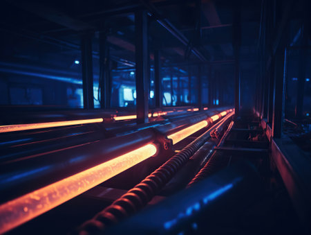 A dimly lit industrial setting within a steel or pipe manufacturing facility, featuring an extended conveyor system and a heated red pipe moving along the conveyorの素材