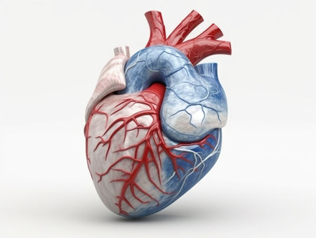 3D model of a human heart on a white background. Blue and red veins. The heart is an organ for pumping blood in a living bodyの素材
