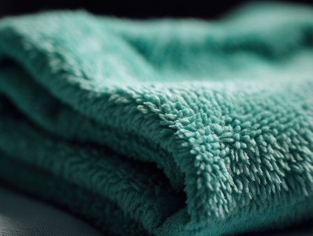 Close-up of an emerald or blue terry towel. Folded terry towel. The structure of the material absorbs water wellの素材