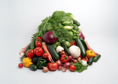 A mountain of fresh different vegetables and dill greens on white background. Peppers, tomatoes, zucchini, onions, carrots and salad leaves. Balanced healthy nutrition, vitamins and micronutrientsの素材