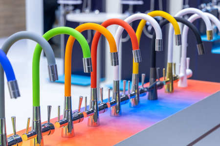 Kitchen faucets of different colors for water, presented in a row on a stand in a showroom, store or at a fair. Modern design and functionality for convenience in the kitchenの写真素材