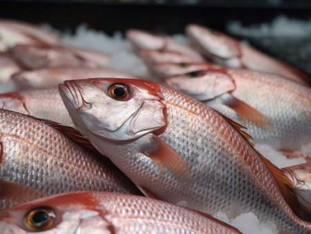 Northern red snapper is a red-hued sea fish, laid out on ice in a supermarket or market. Northern red snapper is popular in cooking due to its tender meat and high content of beneficial elementsの素材