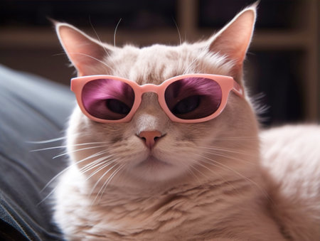 The white cat is wearing pink sunglasses, giving her a chic and sophisticated look. The chosen focus and thoughtful look of the cat emphasize the relaxed mood of the imageの素材