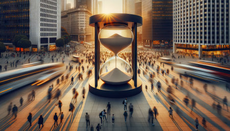 An illustration of the bustle and transience of the moment. A lively city square with a huge hourglass, symbolizing the passage of time in the bustle of the city. People around in motion blurの素材