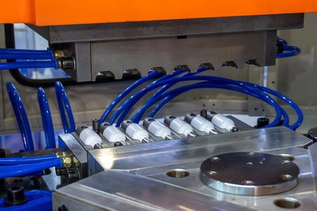 The process of casting plastic bottles on an industrial machine. Production of small plastic bottles...
