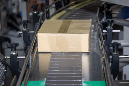 Logistics Efficiency - Cardboard Box on Conveyor Belt in Distribution Warehouse. Parcel Moving Through Automated Shipping System. Streamlined Order Fulfillment - Box in Transit on Warehouse Conveyorの写真素材