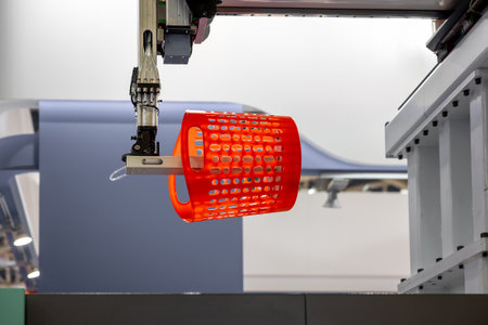 Automated process of molding plastic products on a CNC machine. The robotic arm of the machine moves the newly made red plastic basket. Injection molding of plastic objectsの写真素材