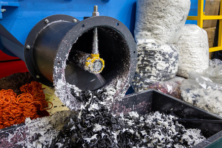 The process of industrial plastic shredding at a waste recycling plant. Converting waste into...