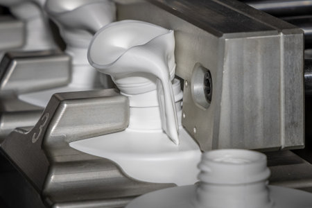Molding of white plastic bottles. Automated production line for casting white plastic bottles. White...
