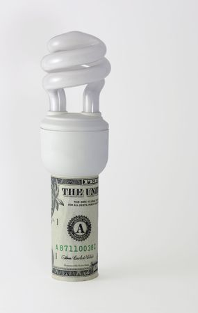 A CFL light bulb screwed into a dollar bill. Includes clipping path.の写真素材