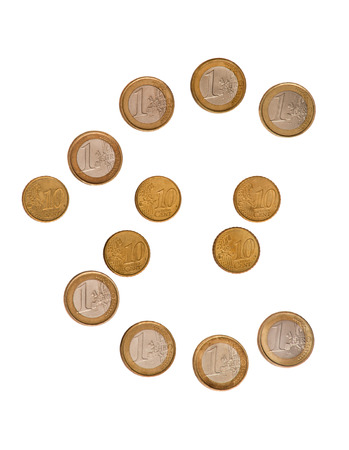 eight 1 Euro coins and five 10 Eurocent coins sorted in shape of the Euro symbolの写真素材