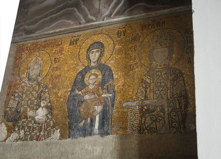 Mosaic of Virgin Mary and  Jesus Christ found in the old church of Hagia Sophia. Constructed during...