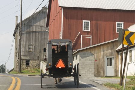 Amish buggy with two men with hats inside seen from behindの写真素材