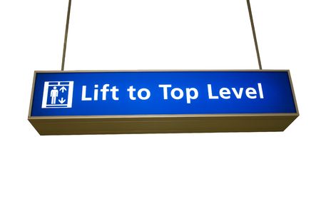Blue sign with white letters with text: 'Lift to Top Level' isolatedの写真素材