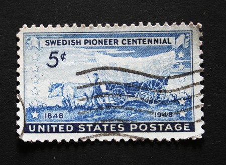 Vintage postage stamp commemorating centennial swedish immigrants の写真素材