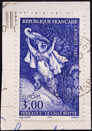 French postage stamp with image of the fairy tale cat with boots onの写真素材