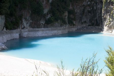 Inferno Crater at Waimangu Volcanic Valley, New Zealand with bright blue waterの写真素材