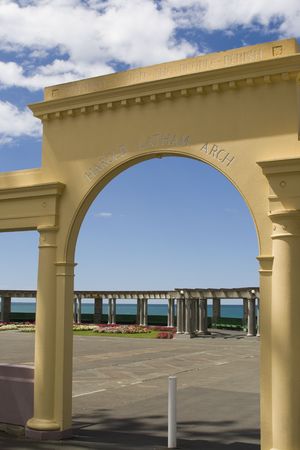 Yellow art deco arch in Napier, New Zealand from the 1930's.の写真素材