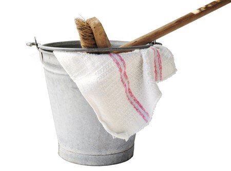 zinc bucket with floor cloth and floor brushの写真素材