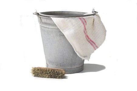 Zinc bucket with cloth and brushの写真素材