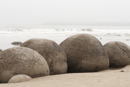 Mysterious boulders at Moeraki in New Zealandの写真素材