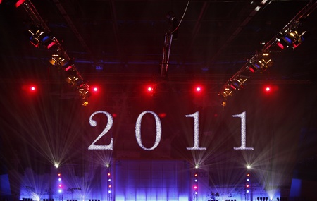 Blue, red and white spotslights on theatre stageの写真素材
