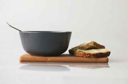 Dutch peasoup in a bowl with bread and cheeseの写真素材