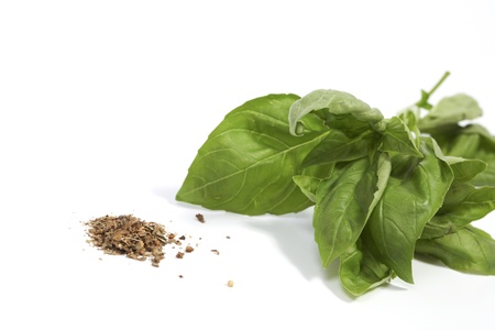 Fresh basil with grounded basil  on a white backgroundの写真素材