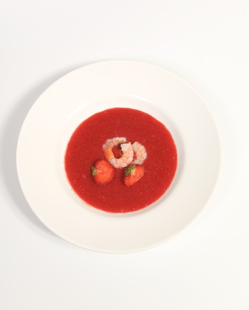 Spicy strawberry gazpacho with shrimpsの写真素材