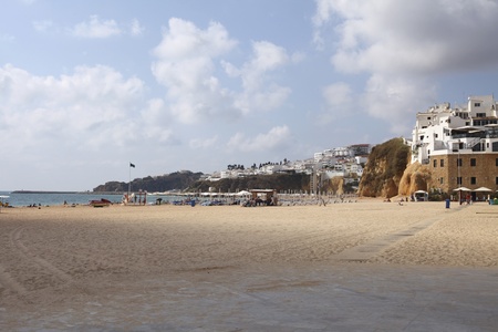 Beach with sunbeds in Albufeira in the Algarve, Portugalのeditorial素材