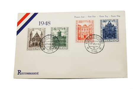 First day envelope with postage stamps of 1948 showing important historical landmarks in the Netherlandsの写真素材
