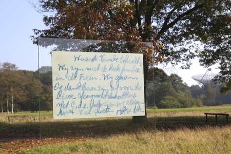THE NETHERLANDS, CIRCA OCT 10:  Blown up postcard sent by deported jews from train to auschwitz at Dutch memorial site Westerbork on oct 10, 2011. Text: we are with the whole family on the train.We are going.のeditorial素材