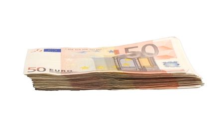 Thousands of euros on a pile in fifty billsの写真素材