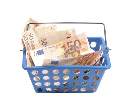 Blue shopping basket filled with euro billsの写真素材