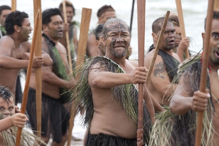 NEW ZEALAND-FEB 6:Maori warriors with Taiahas at a Haka on Waitangi Day celebration,Feb 6, 2009. Waitangi day is a public holiday,yearly on Feb 6 to celebrate the signing of the Treaty of Waitangiのeditorial素材