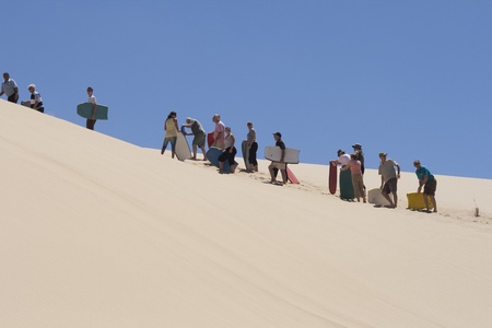 NEW ZEALAND-FEB 8: People waiting in line for the moment they can board downhill from a huge sand dune at 90 mile beach in New Zealand on Feb 8, 2009. This activity is offered in summer for tourists visiting 90 mile beach in NZ.のeditorial素材
