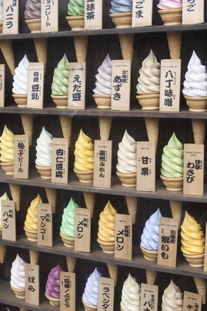 TOKYO, JAPAn-APRIL 1: Plastic ice cream cones with different flavors on display in shop in Tokyo on April 1, 2009.  Ice cream is a popular dessert in Japan with almost two in five adults consuming it at least once a weekのeditorial素材
